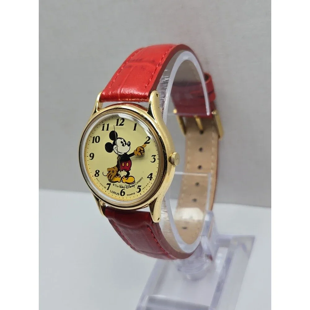 Vintage Lorus Disney Mickey Mouse Gold Tone Quartz Watch Leather 80s New Battery